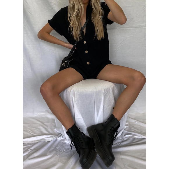 Princess Polly 6 Black Deep V-Neck Collared Short Sleeve Button Up Romper - Picture 7 of 7